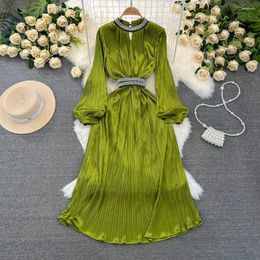 Casual Dresses HIGH QUALITY Fashion 2024 Designer Women's Diamond Embellished Standing Collar Pleated Dress