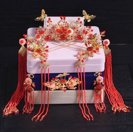 Bridal red Chinese style costume tiara fringed tassel hairpin wedding show dress hairdressing set8898771