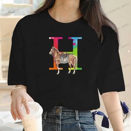 Women's T-Shirt 2023 summer new high-end crew-neck women's luxury brand half-sleeve printed cartoon H-horse pattern American fashion brand top T240122