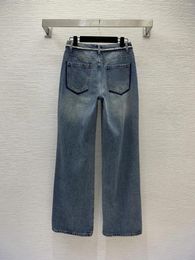 Women's Jeans Denim Fabric On Both Sides Of Color Contrast Fringe Edge Back Pocket Letter Stick Diamond Fashion Straight W2145