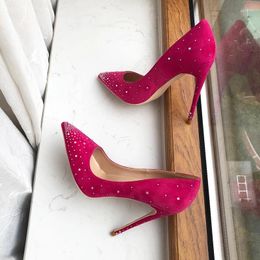 Dress Shoes Glitter Diamante Women Rose Pink Flock Pointy Toe High Heel Wedding Bridal Elegant Stiletto Pumps