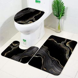 Bath Mats Black Marble Carpet Kit For Bathroom And Toilet Gold Grey Lines Creative Abstract Geometric Art Home 3pcs Sets Door Rug