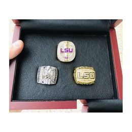 Cluster-Ringe LSU 3 Stück 2003 2007 Tigers Nationals Team Champions Championship Ring mit Holzkiste Souvenir Männer Fan Geschenk Wholesal Dr Dhbjk