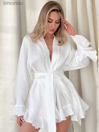 Women's Sleep Lounge Linad Ruffle Women's Nightwear White 2 Piece Sets Cotton Long Sleeve Pyjamas Sashes Loose Suits With Shorts 2023 Spring CasualL240122