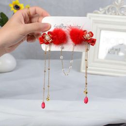 Children's Clip Red Bow Tassel Female Flower New Year Hair Card Jewelry Celebrating Chinese Style