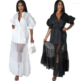 Ethnic Clothing 2024 Summer Elegant Patchwork Outfits Ladies Party Club Robe Black White Mesh Shirt Maxi Dress S-2XL African Dresses For