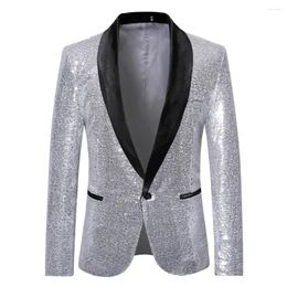 Men's Suits Men Silvery Sequin Blazer Shiny Slim Fit One Button Suit Jackets Prom Party Night Club Coat Stage Costumes Pockets Lapel Tuxedo