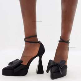 Mach satin women platform sandal Crystal Embellished bows ankle strap Evening shoes silk chunky Heels pumps shoe women's Luxury Designers factory footwears