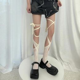 Women Socks Summer Lace Thigh High Sheer Irregular Bandage Stockings For Lady Teen Girls Lolita Harajuku Japanese Style