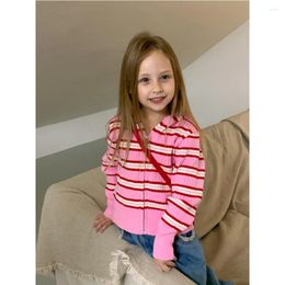 Jackets Kids Girls Pink Sweaters Contrast Striped Long Sleeve Cardiagn 2-8Y Children Spring Fall Fashion Leisure Knitting Hooded