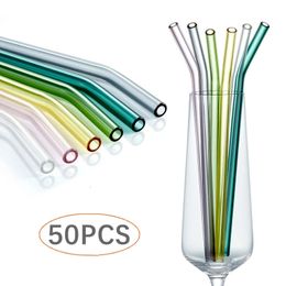 50Pcslot Colourful Glass Straw Reusable Drinking Straws Set with Cleaning Brush Wine Cocktail for Party Favours Bar Drinks 240122