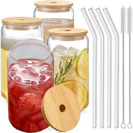 Glass Cup Bamboo Lid Bubble Tea Transparent Cold Drinking Coffee Mug Wine Milk Straw Drinkware Durable pcs 240122