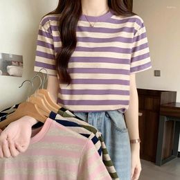Women's T Shirts Real S Striped Shoulder Short-sleeved T-shirt Summer Design Sense Curved Hem Loose Half-sleeved Top Women Clothes