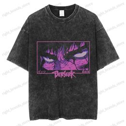 Men's T-Shirts Anime Berserk Graphic T-shirt for Men Vintage Washed Cotton Tee Tops Oversized Loose Tshirt Harajuku Stylish Streetwear Outfits T240122