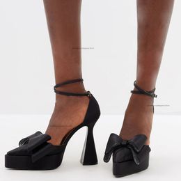 Mach satin women platform sandals Crystal Embellished bows ankle strap Evening shoes silk chunky Heels pumps shoe women's Luxury Designers factory footwears