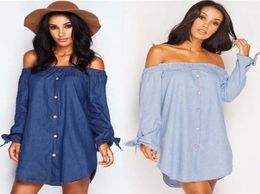 Denim Off The Shoulder Shirt Dress Women Sexy Bowknot Button Ruffle Jeans Mini Dress Bardot Tunic Casual Holiday Dress4335947