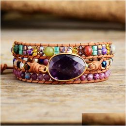 Beaded Leather Wrap Bracelets W/ Natural Stone Amethysts Crystals Triple Statement Art Bracelet Bohemian Jewelry Gifts Y200730 Drop De Dhntq