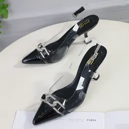Sandals 2024 Women Back Strap Slingback Metal Chain 7cm High Heel Pumps Lady Elegant Mules Pointed Toe Slip On Pink Party Shoes
