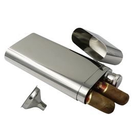 Portable Stainless Steel Hip Flask With Cigarette Box Flagon And Funnel Can Hold 2 Pcs Cigar Storage Case 240122