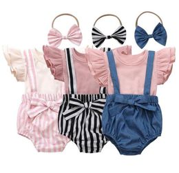 Baby Girls Clothes Kids Solid T Shirt Suspender Shorts Bowknot Headband Clothing Sets Summer Fly Sleeve Top Striped Hairband Suit 2867280