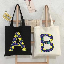 Evening Bags Floral English Alphabet A To Z Initial Letter Print Women Canvas Shoulder Totes Bag Flower Watercolor Reusable Harajuku