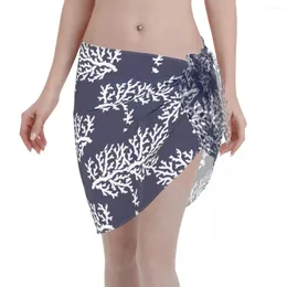 Women's Swimwear Sexy Women Blue And White Coral Sheer Kaftan Sarong Swimsuit Bikini Beach Cover Ups Short Skirt