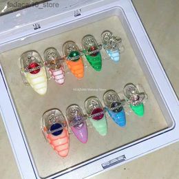 False Nails Handmade Colorful Crocodile Pattern French False Nails Tips Glitter Saturn Press On Nails Y2K Almond Ballet Fake Nail With Glue Q240122