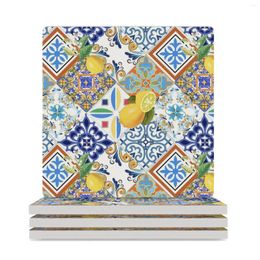 Table Mats Mediterranean Tiles & Lemons Ceramic Coasters (Square) Household Utensils Kitchen For Drinks Aesthetic Coffee Cup Stand