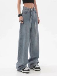 Women's Jeans Lace-up High-waist Fashion Harajuku Straight Pants Spring Autumn Drape Wide-leg Mopping Denim