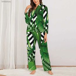 Women's Sleep Lounge Palm Leaves Pyjama Sets Black And White Geometry Elegant Sleepwear Lady Long-Sleeve Vintage Leisure Two Piece Nightwear Big SizeL240122