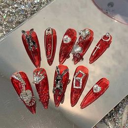 False Nails Handmade Y2K Punk Rabbit Design Red False Nail Long Aesthetic Press On Nails Rhinestone Fake Nail With Glue Reusable Coffin Tips Q240122