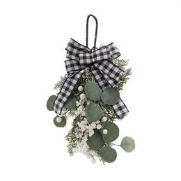 Decorative Flowers Simulation Upside Down Wreath Handcrafted Black White Lattice Bow Garland Pendant For Farmhouse Festival Wall Hanging