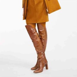 Boots Brand Fashion Pointed Toe Snake Print Microfiber Knee High Boots Sexy High Heels Shoes Woman Ladies Autumn Winter Snow Boots 220913