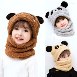 Berets Winter Children Hat Scarf Hooded Fleece Kids Beanies Cap Cartoon Panda Cute For Girls Boy Warm Neck Baby