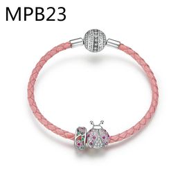 Bracelets THW4 Pink Ribbon Bead Charm Bracelet Pink PU Braid Leather Bracelets For Women Jewellery Awareness Pulsera