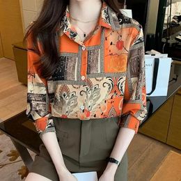 Women's Blouses Vintage Satin Silk Shirts Stripe Flower Print Long-Sleeved Women Tops Elegant Slim Hidden Button Spring Autumn Clothes