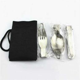 Camp Kitchen Portable Dinnerware Set Stainless Steel Foldable Spoon Fork Knife With Black Bag 3 In 1 Cutlery Set Camping Picnic Tableware Set YQ240123