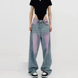 Jeans da donna retrò viola femminile stile casual americano moda vintage pantaloni a vita alta pantaloni larghi dritti a gamba larga denim streetwear