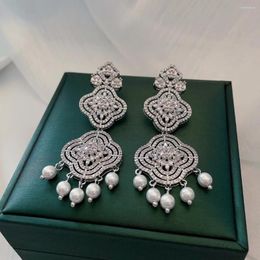 Dangle Earrings Vintage Court Flowers Pearl Fringed European Ethnic Ssparkling Zircon Banquet Long Fine Jewellery