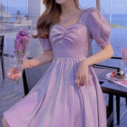 Party Dresses Women Summer Puff Sleeve Purple Dress Vintage Girl Fairy Princess Casual Holiday Lady Beach Boho