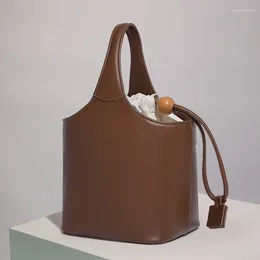 Evening Bags Vintage Mini Bucket For Women Luxury Designer Handbags And Purses 2024 In PU Wooden Pillar Drawstring Closure Shoulder