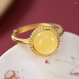 Cluster Rings Natural Hetian Jade Lucky Beeswax Vintage Ring S925 Sterling Silver Amber Ornament