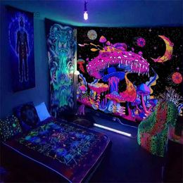 Tapestries 1pcFluorescent Coloured mushroom tapestry ultraviolet black light natural plant forest moon flower mysterious night sky tapestry