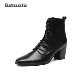 Skewers Batzuzhi Cowboy Boots Men High Heels 6.8cm Black Soft Leather Ankle Boots Thick Heels Men Shoes Zapatos Hombre Lace Up Man Boots