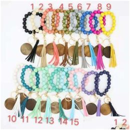 Party Favour Personalised Wood Elastic Beaded Bracelet Chips Tassel Keychain Mticolor Bangle Wristlet Jewerly For Women Drop Delivery Dhcae