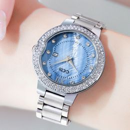 Womens luxury simple large dial steel band fashion diamond-inlaid waterproof quartz watch montre de luxe gifts a6