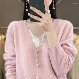 Women's Knits Spring And Autumn Pure Wool Cardigan V-neck Handmade Hooked Loose Solid Colour Cashmere Knitted Sweater Coat Top
