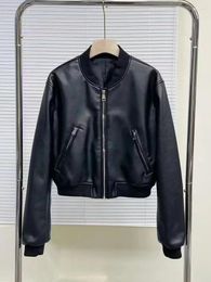 Women's Leather Vintage Women Loose Zipper O-neck Faux Short Jacket Streetwear Female Elastic Moto Biker Coat Black Outwear