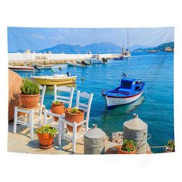 Tapestries Beautiful Sea View Sailboat Ocean Landscape Pattern Tapestry Home Living Room Bedroom Wall Decor Background ClothL240123