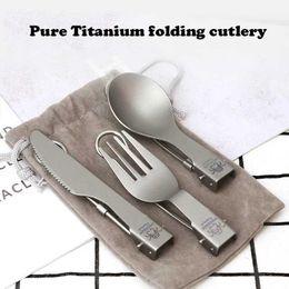 Camp Kitchen Pure titanium Tableware Set Matte Foldable Knife fork spoon Ultra-light Outdoor travel camping Small volume Portable cutlery set YQ240123